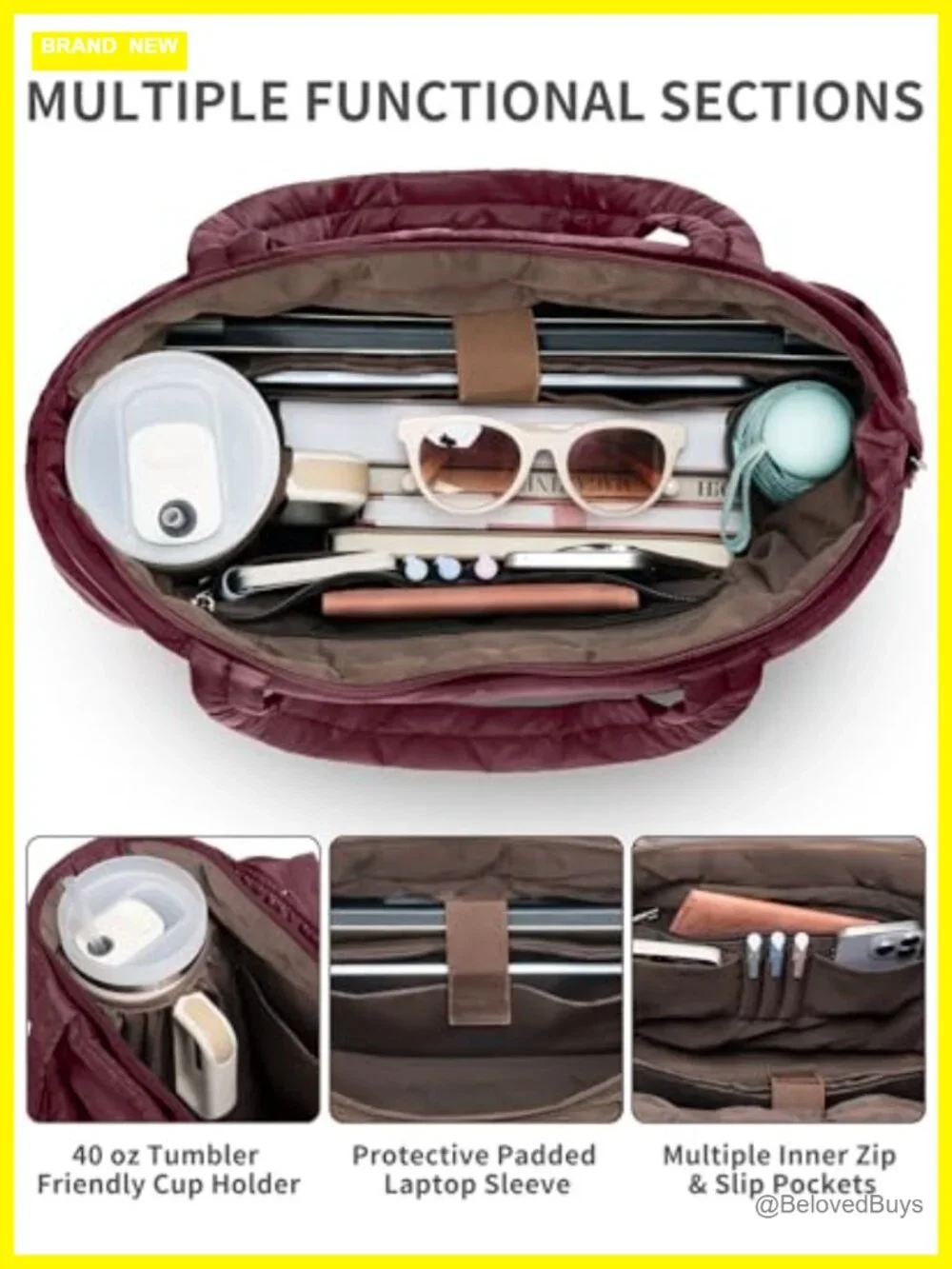 Lightweight Puffer Tote Bag with Laptop Sleeve, Quilted Shoulder Bag for Work